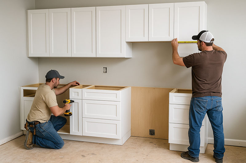 Custom kitchen cabinets are being installed and leveled by professional contractors.