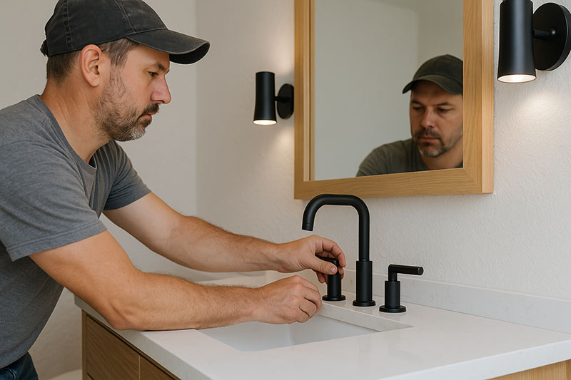 Bathroom contractor installing modern matte black faucet and light fixtures during a remodel in Punta Gorda, FL.