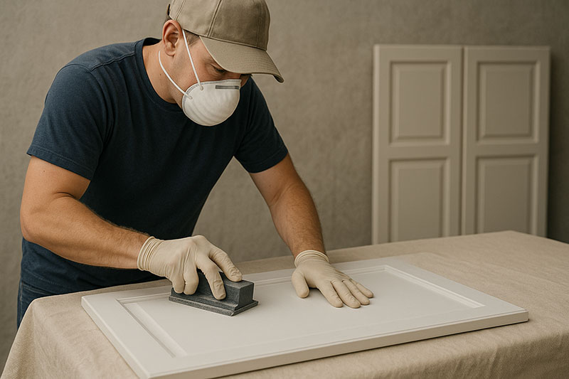 Technician refinishing a cabinet door to restore a smooth painted surface during cabinet repair service.
